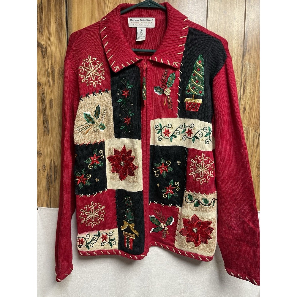 VTG Heirloom Collectibles Womens Christmas 2004 Sweater Red Embroidery Patch Med